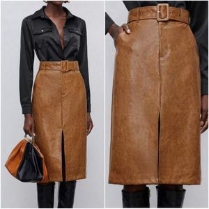 Luxe Vegan Leather Split hem Belted Midi Skirt